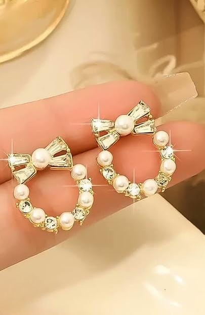 Pearl Bow Korean Zircon Earrings for Women