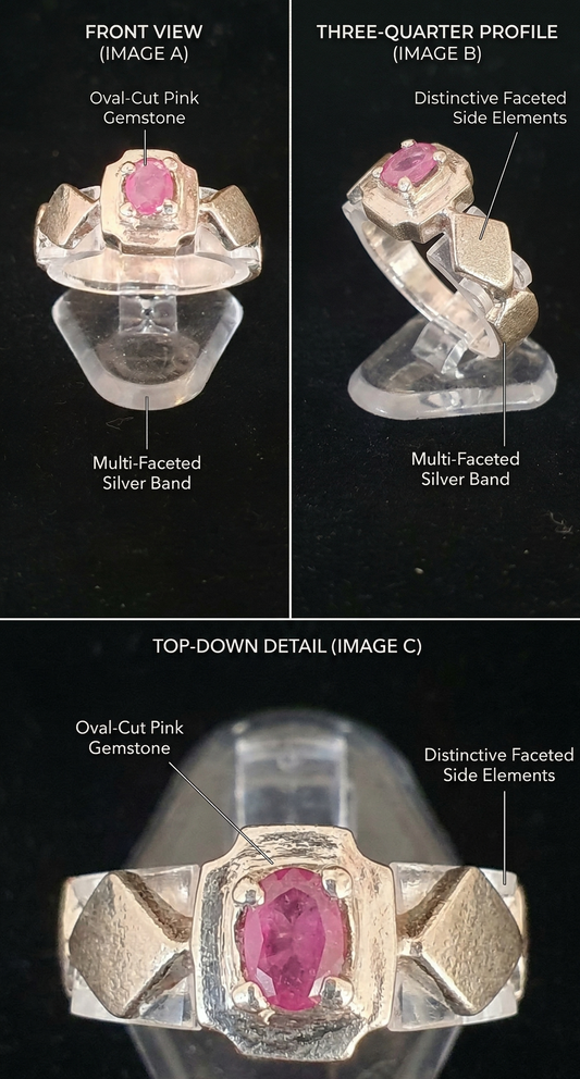 Geometric Majesty: Oval-Cut Ruby & Multi-Faceted Silver Band