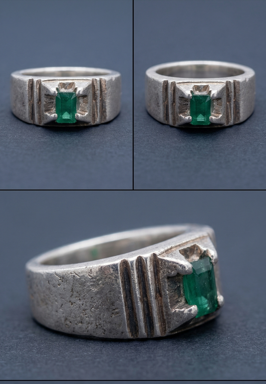Pierre™ Raw Vintage Silver Signet Ring with Rectangular Emerald-Green Gem