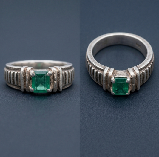 Art Deco Ribbed Band with Emerald-Cut Solitaire
