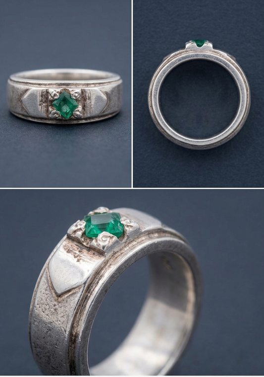 Vintage Signet Band with Sunrise-Etched Emerald