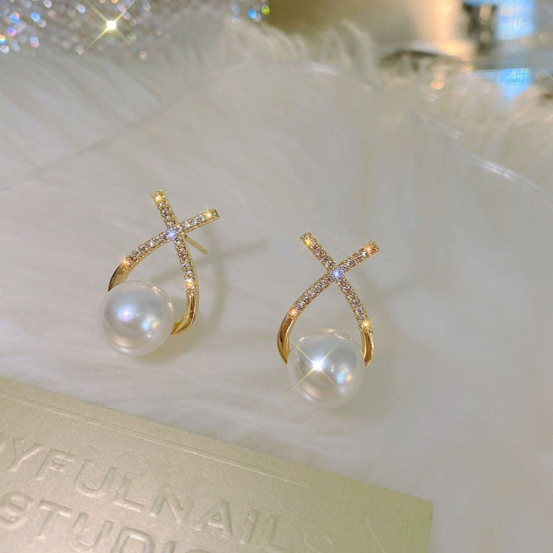 Elegant Golden Cross Pearl Zircon Earrings