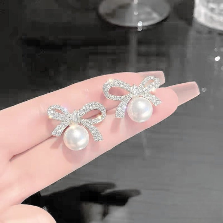 Bow Knot Pearl Earrings with Zircon – Korean Style
