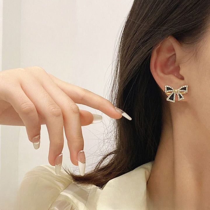 Elegant Zircon Black Bow Tie Earrings