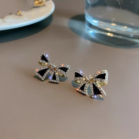 Elegant Zircon Black Bow Tie Earrings
