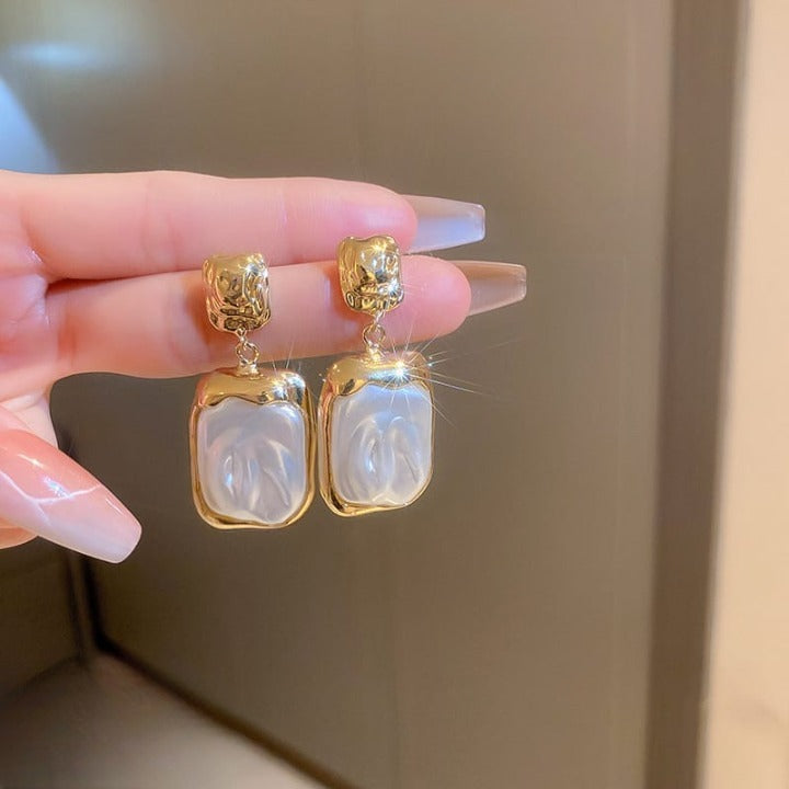 Elegant Korean Gold Foil Earrings with White Stone