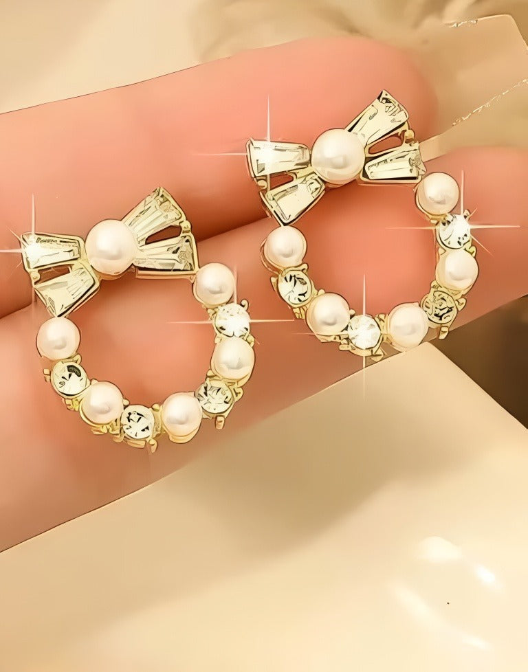 Pearl Bow Korean Zircon Earrings for Women